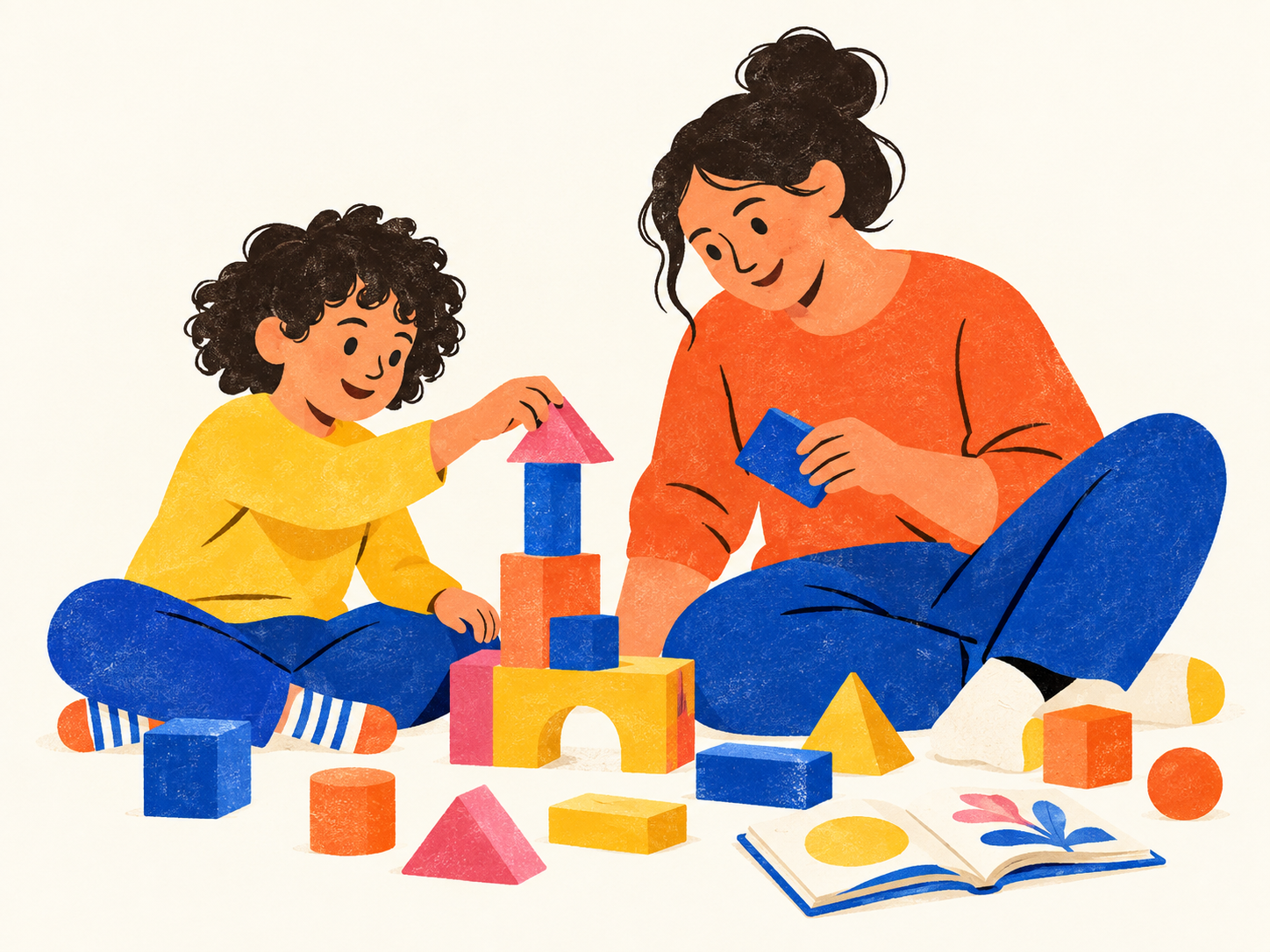A parent and child exploring colorful building blocks and a book together.